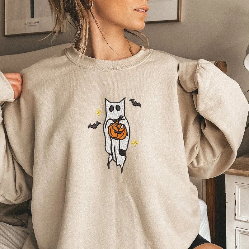 Embroidered Ghost Cat Sweatshirt - Spooktacular Halloween Apparel, ES006