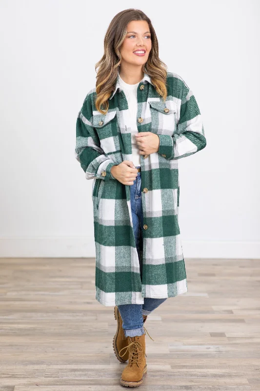 Hunter Green and Off White Long Plaid Shacket